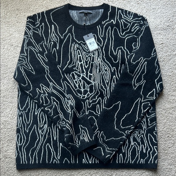 John Varvatos Black and White Patterned Crewneck Sweater